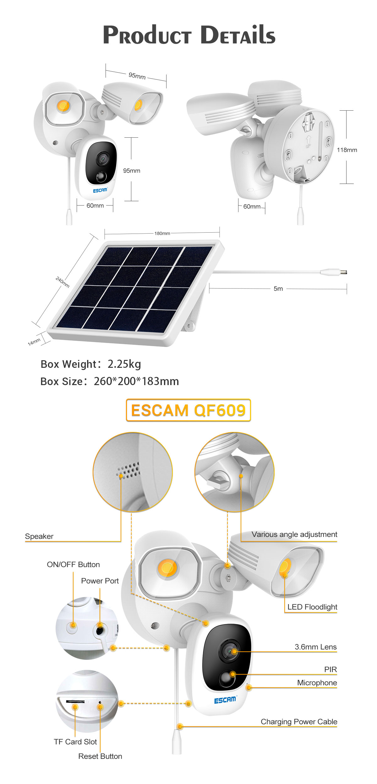 ESCAM QF609 Solar Powered Floodlight 1080P Wireless Battery 1000LM Floodlight Cloud Storage Camera With 12000mAh Rechargeable Batteries Color Night Vision IP66 Waterproof 2-Way Audio Cloud Storage