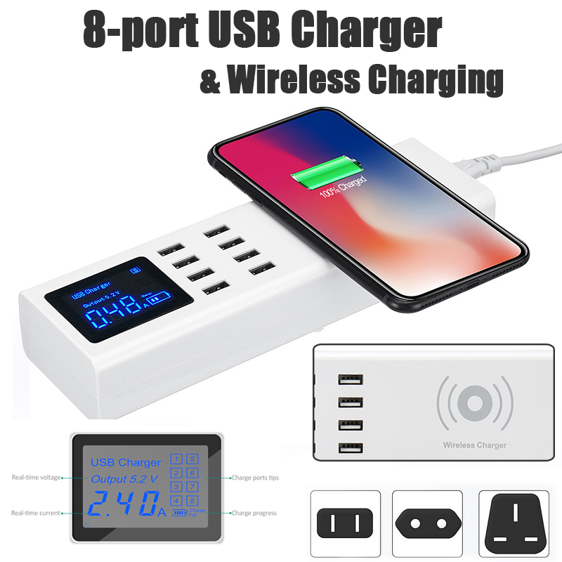 Universal UK/US/EU 8 Port USB Charger Station With Wireless Charger For Tablet Cellphone