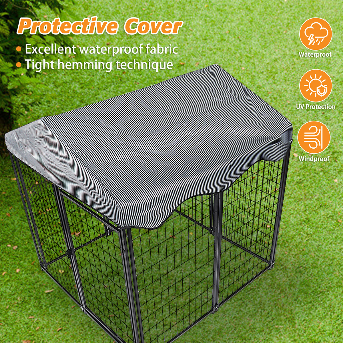 PawGiant Large Dog Kennel Outdoor Dog House with Roof 4ft x 4.2ft x 4.45ft Heavy Duty Metal for Large to Small Dog, Outside Dog Kennel Pet Crate Cage Playpen with UV-Proof Waterproof Cover