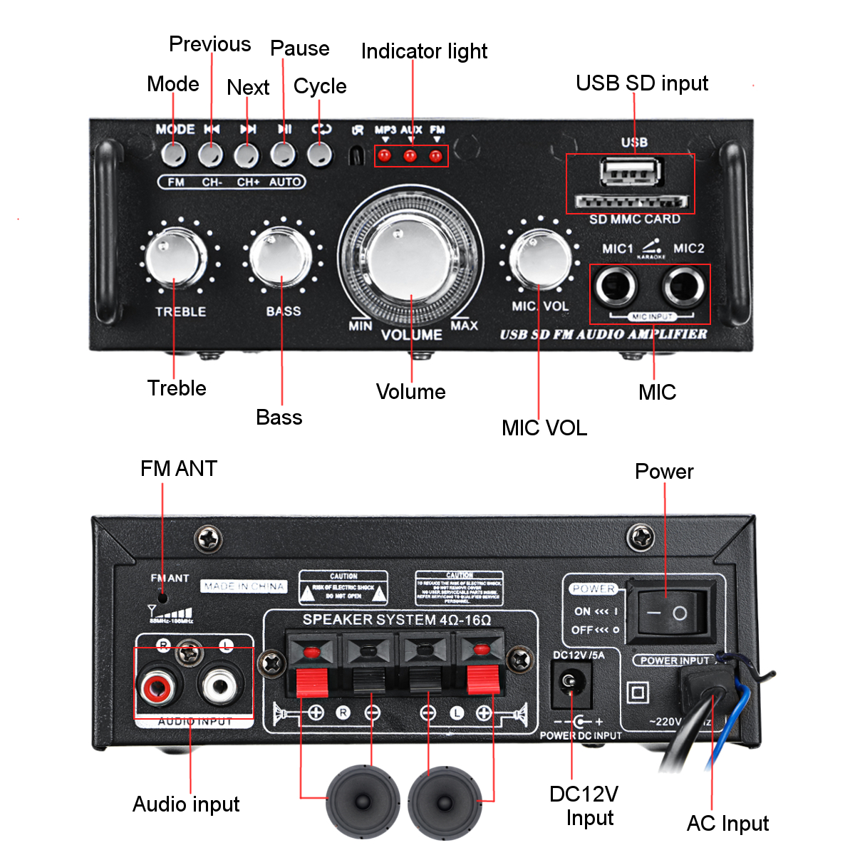 AV-263BT 2x300W 110-220V bluetooth Audio Power Amplifier EQ Stereo AMP Car Home 2CH AUX USB FM SD HIFI Digital Radio