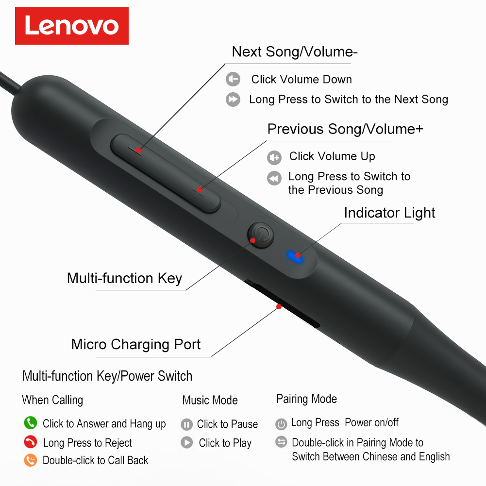 Free Shipping Lenovo H203 Headphones bluetooth 5.0 Wireless Neckband Earphone HIFI Dynamic ...