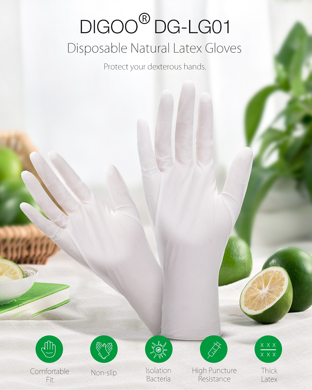 DIGOO DG-LG01 100PCS Disposable Natural Latex Gloves S/M/L Daily Glove