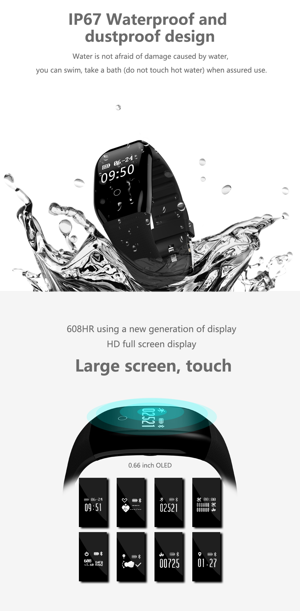 608HR OLED Heart Rate Sleep Monitor  IP67 Waterproof Smart Watch Bracelet Pedometer 