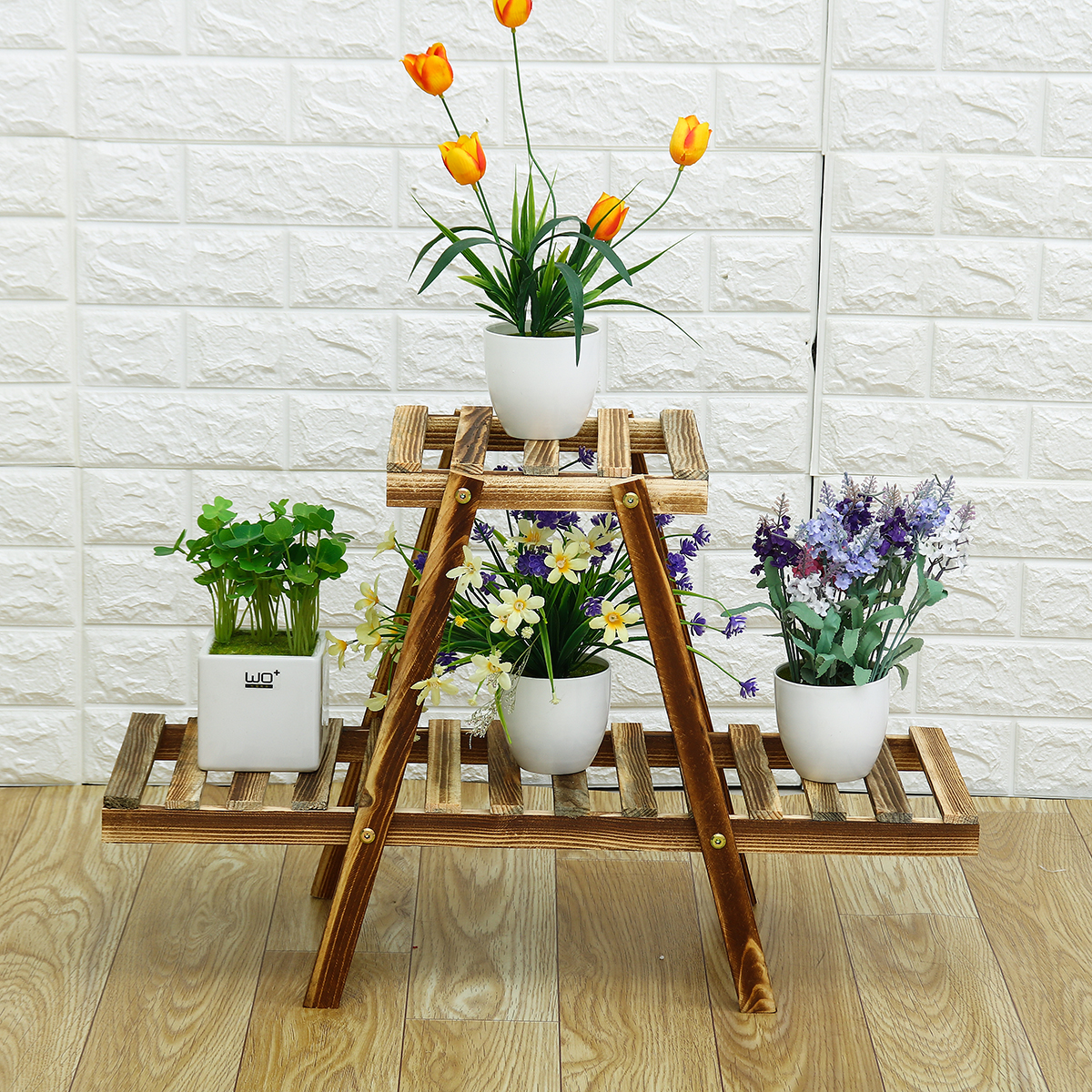 Wooden Flower Shelf Stand Plant Rack A-shaped Flower Pots Display Shelf Garden Holder for Living Room Patio Garden