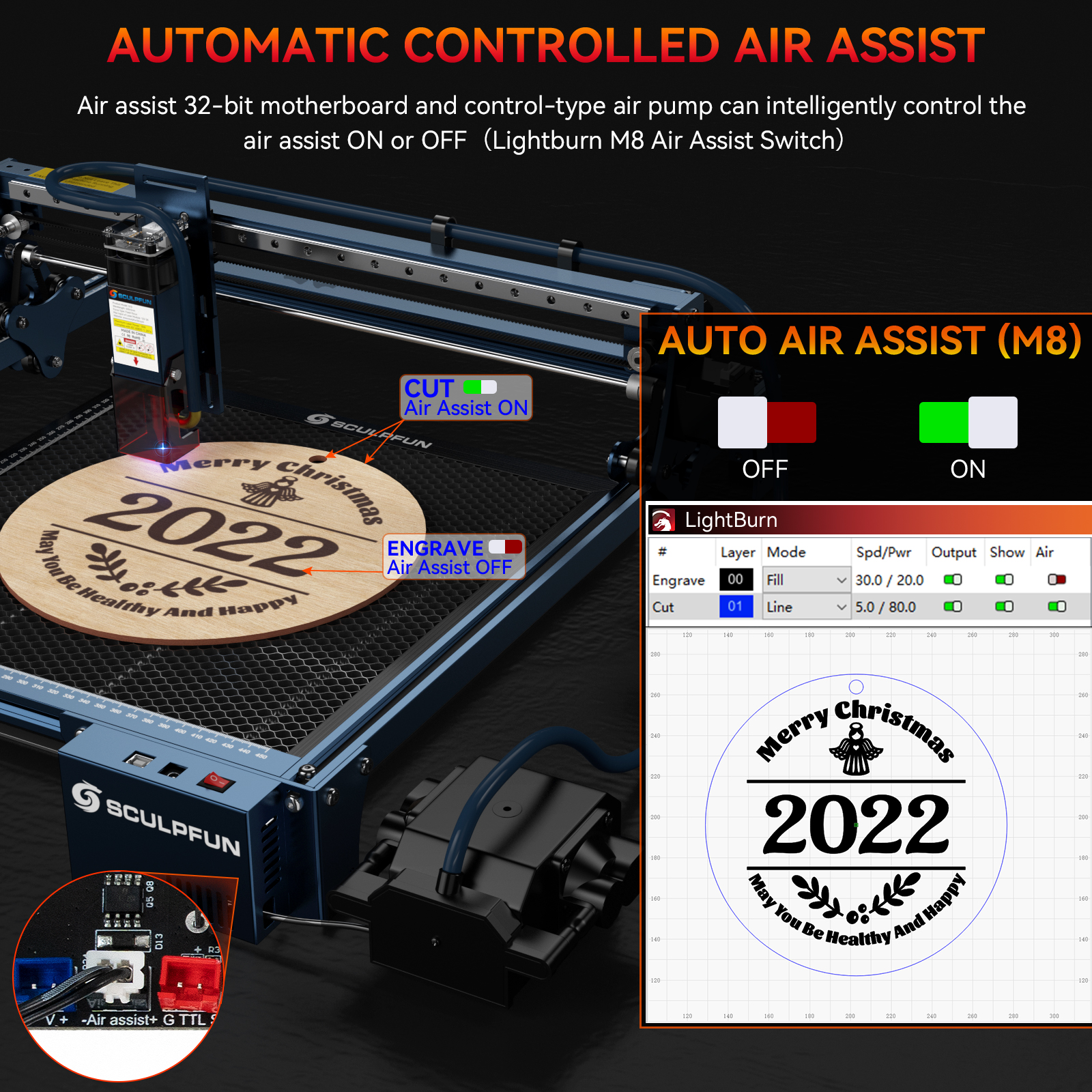 SCULPFUN Automatic Air Assist Kit 12V Version   Suitable for upgrading S9/S10 to S30 automatic air assist system, including 32bit automatic air assist mainboard, 30min/min automatic air pump, 12V/7A adapter, installation kit