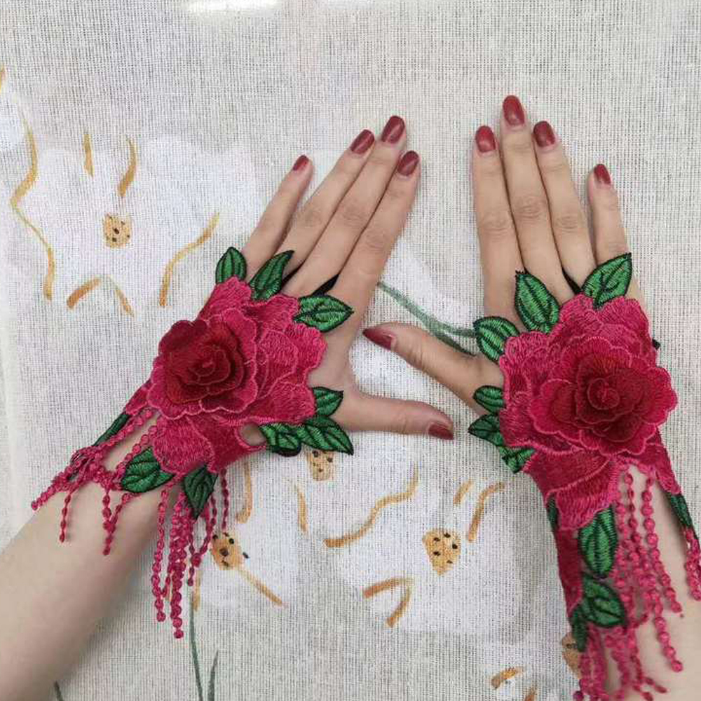 Mulheres bordado étnico hallow pulseira moda floral meia tampa dedo borla luvas