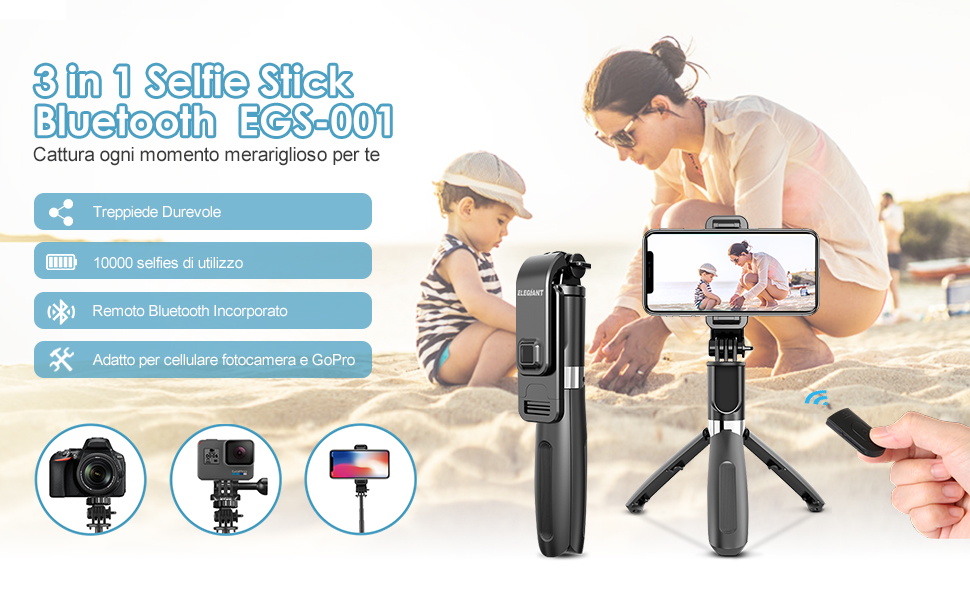 ELEGIANT bluetooth Selfie Stick Tripod Monopod 360° Rotation Adjustable Telescopic Extendable with Remote Control for Gopro Action Camera Sport DSLR Cam for iPhone Huawei Mobile Phone Smartphone