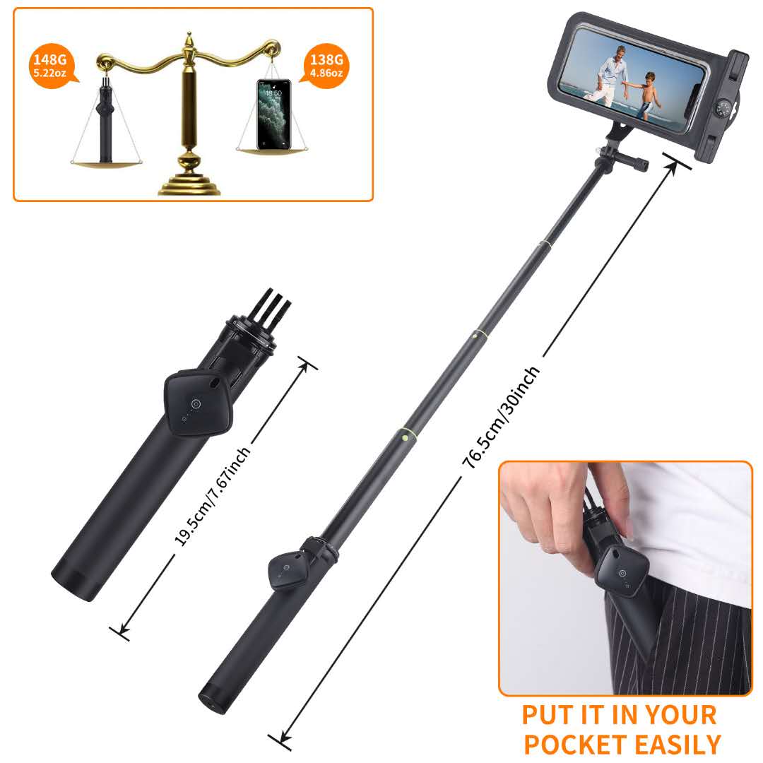 LEDISTAR 19.5cm-76.5cm Telescopic Selfie Rod Extension Stick with Smartphone Waterproof Case Universal for GoPro OSMO Action Camera