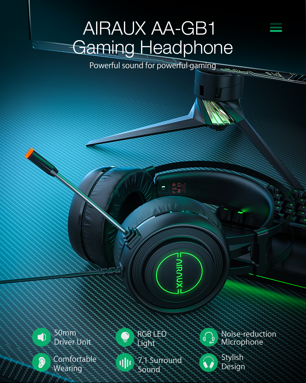 AirAux AA-GB1 Gaming Headphone USB 7.1 Surround Sound RGB LED Light Stereo Flexible Computer Gaming Headset with Mic