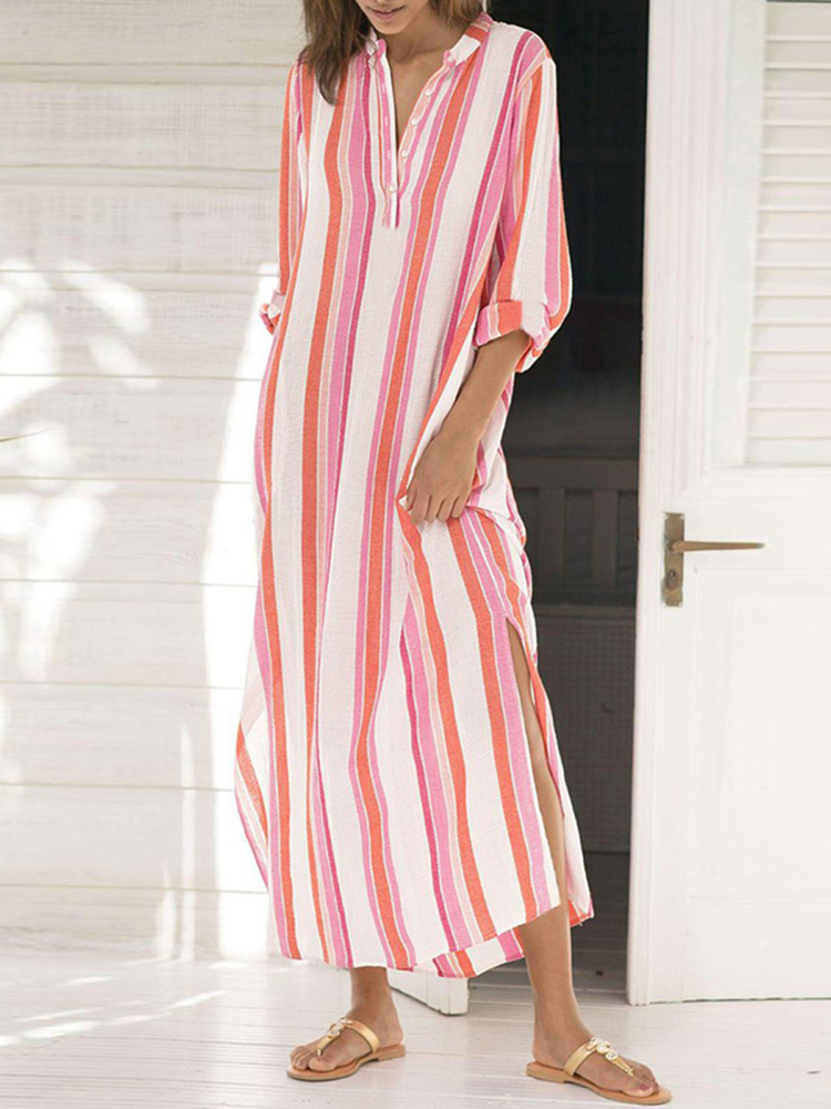 

Повседневная Женское Полосатая кнопка Шея Сплит-чехол с длинным рукавом Платье