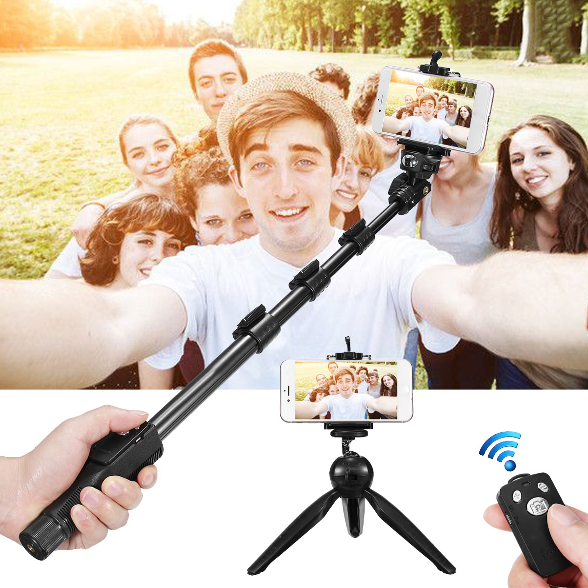 bluetooth Wireless Remote Control Extendable Handheld Selfie Stick Monopod + Tripod for Camera Mobile Phones