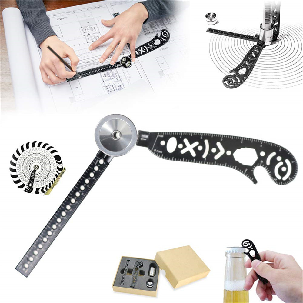 Multi-funtional Drawing Curved Metallic Ruler Mini Compass Protractor Combo Circles Drawing Patterns 1