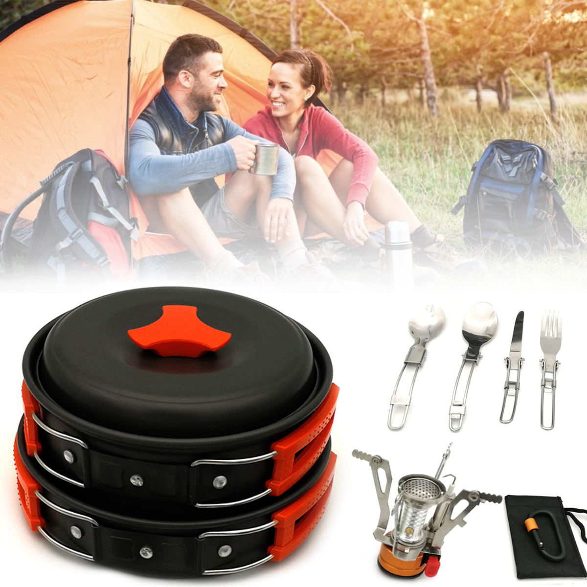 

1-2 People Backpacking Cookware Set Gas Butane Propane Canister Cooking Stove Pot Bowl Pan Picnic BBQ Tableware Outdoor Camping