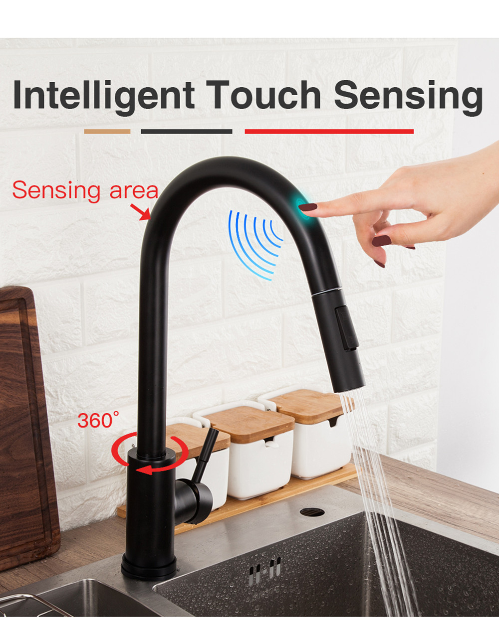 Matte Black Stainless Steel Kitchen Sink Faucets Mixer Smart Touch Sensor Pull Out Hot Cold Water Mixer Tap Crane