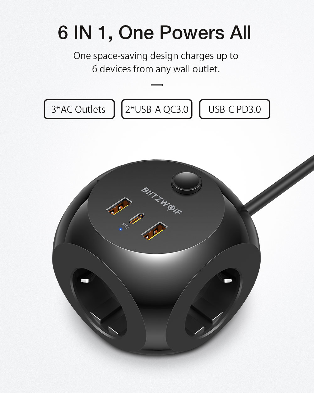 BlitzWolf® BW-PC1 2500W Power Strip Socket USB Charger With 3 * AC Outlets /20W USB-C PD/ 18W 2 * USB-A QC3.0 Fast Charging For iPhone 13 13 Pro Max 13 Mini For OnePlus 9Pro For Xiaomi MI10