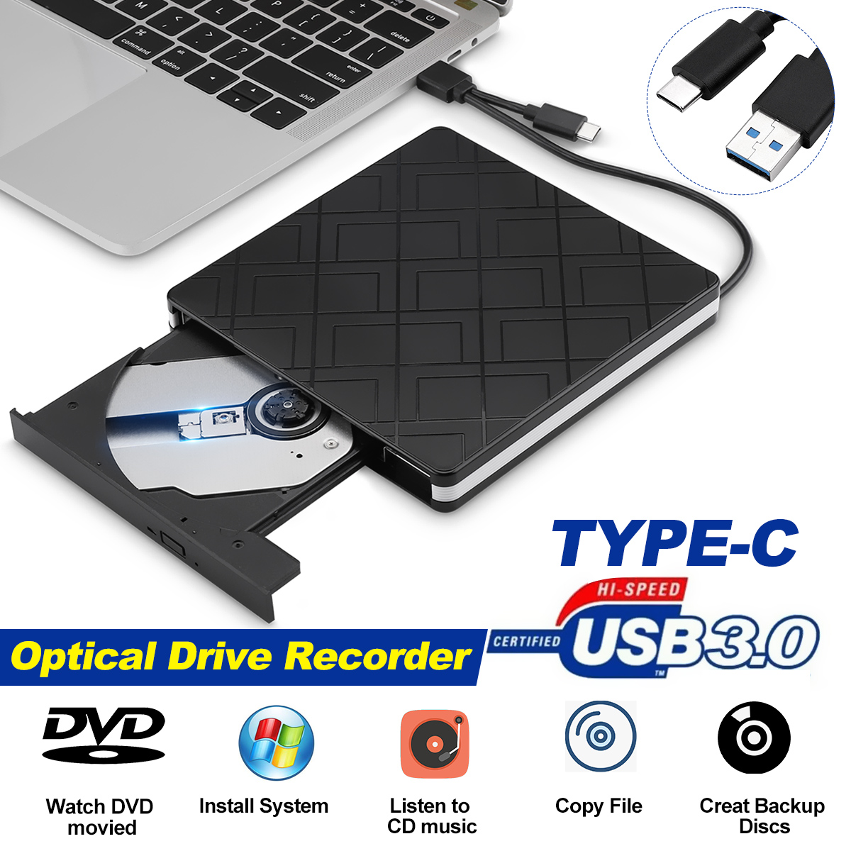 USB-C External Optical Drive USB 3.0 Type-C DVD-RW Player CD DVD Burner Writer Rewriter Data Transfer for PC Laptop Mac Windows 7/8/10