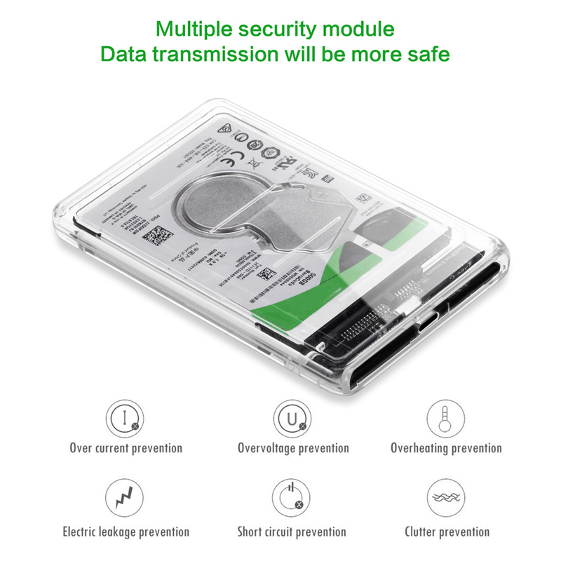 2.5inch Transparent Type-C to SATA External HDD SDD Hard Drive Enclosure Case 5