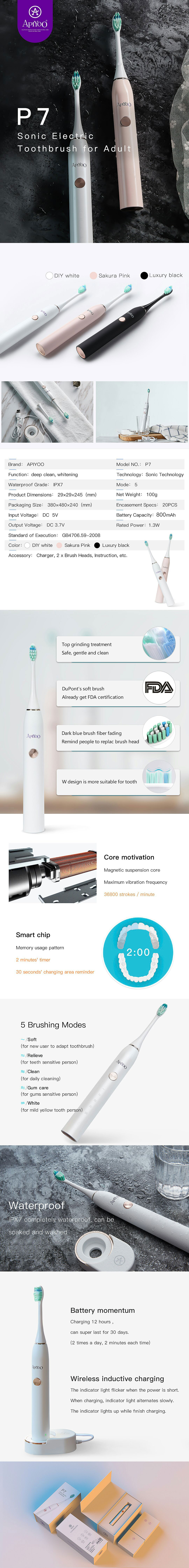 APIYOO P7 Sonic Electric Toothbrush Five Cleaning Modes Time Reminder Electric Toothbrush IPX7 Waterproof Long Battery Life Electric Toothbrush