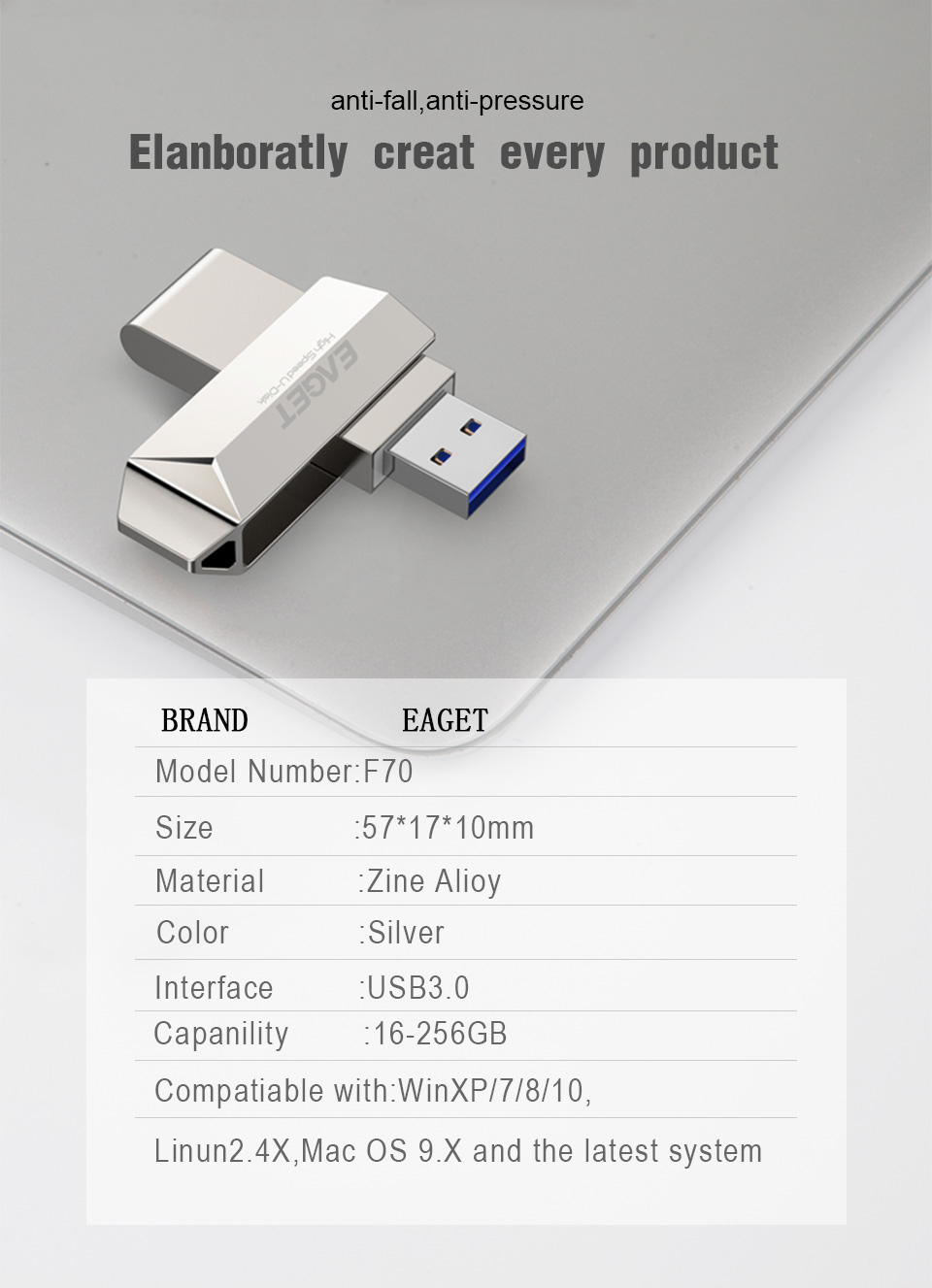 Eaget F70 USB 3.0 128GB Metal USB Flash Drive U Disk Pen Drive 360 Degree Rotation 36