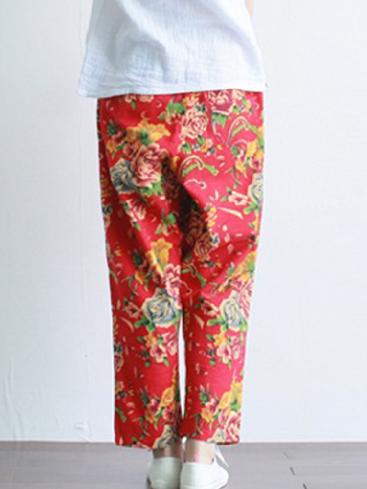 Women Retro High Waist Chinese Style Floral Print Pants