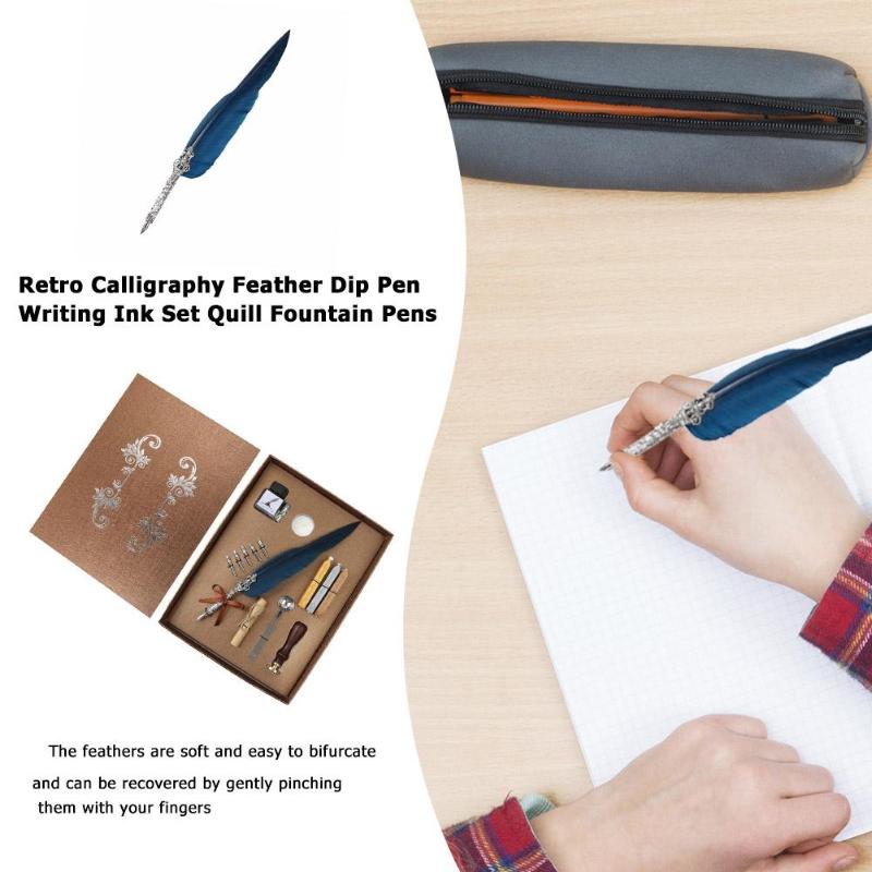 SP038 1 Set Retro Vintage Calligraphy Feather Dip Pen Writing Ink Set Stationery Quill Fountain Pen Creative Vintage Pen Gift for Friends Family