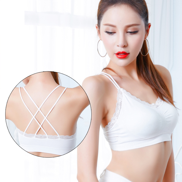 Cotton Wireless Strappy Back Lace-trim Breathable Bra