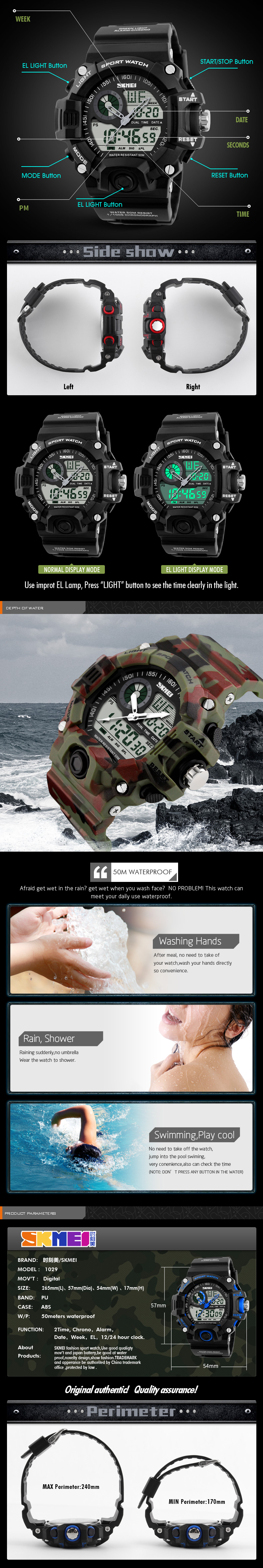 SKMEI 1029 Men Watch Military Dual Display Multi-function LED Sport Swimming Digital Watch