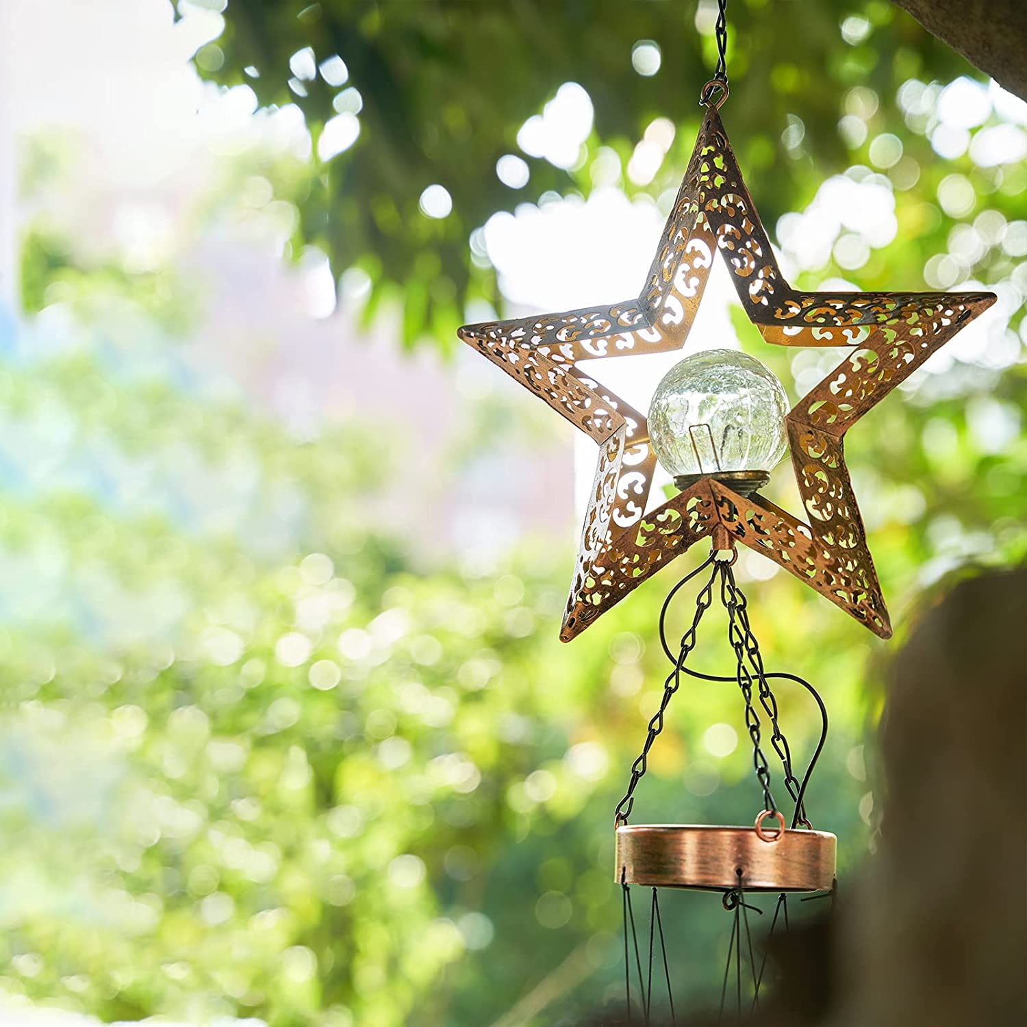 Solar Metal Star Wind Chime Outdoor Waterproof Hanging Crackle Glass Ball Lights Memorial Star Windchimes Decoration Garden Home Lawn Patio Unique Decor Gifts