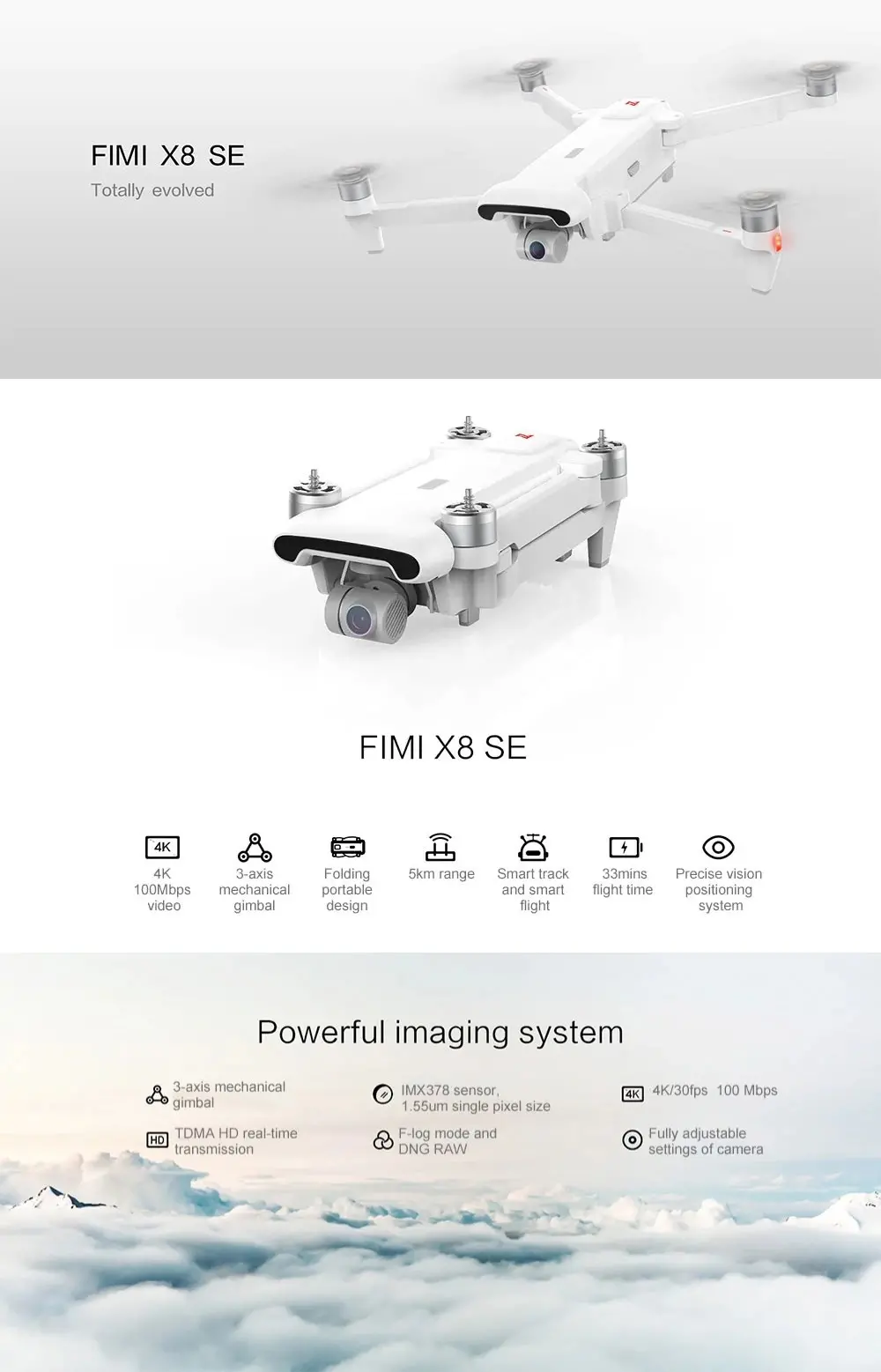 FIMI X8 SE 5KM FPV With 3-axis Gimbal 4K Camera GPS 33mins Flight Time RC Drone Quadcopter RTF