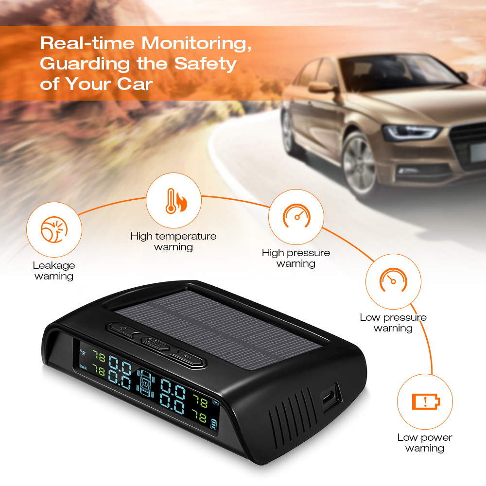 iMars Car Solar Tire Pressure Monitor System Real-time Tester LCD Screen TPMS 4 External Sensors C200