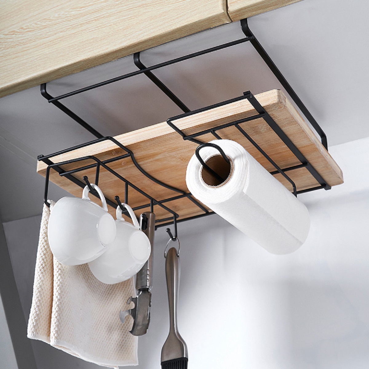 Metal Hanging Basket Iron Black/White Hook Design Wall Hanging Rack Kitchen Bathroom Towel Knife Storage Shelf Home Decoration