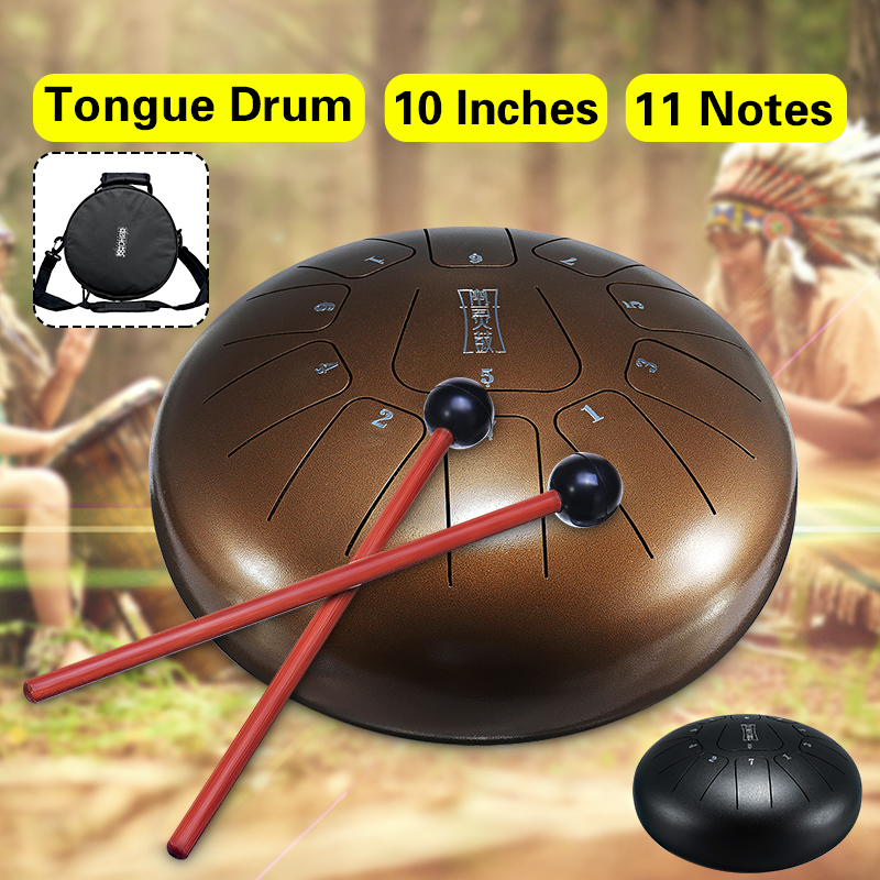 HLURU 10 Inch 11 Notes Bronze Steel Tongue Percussion Drums Handpan Instrument with Drum Mallets and Bag
