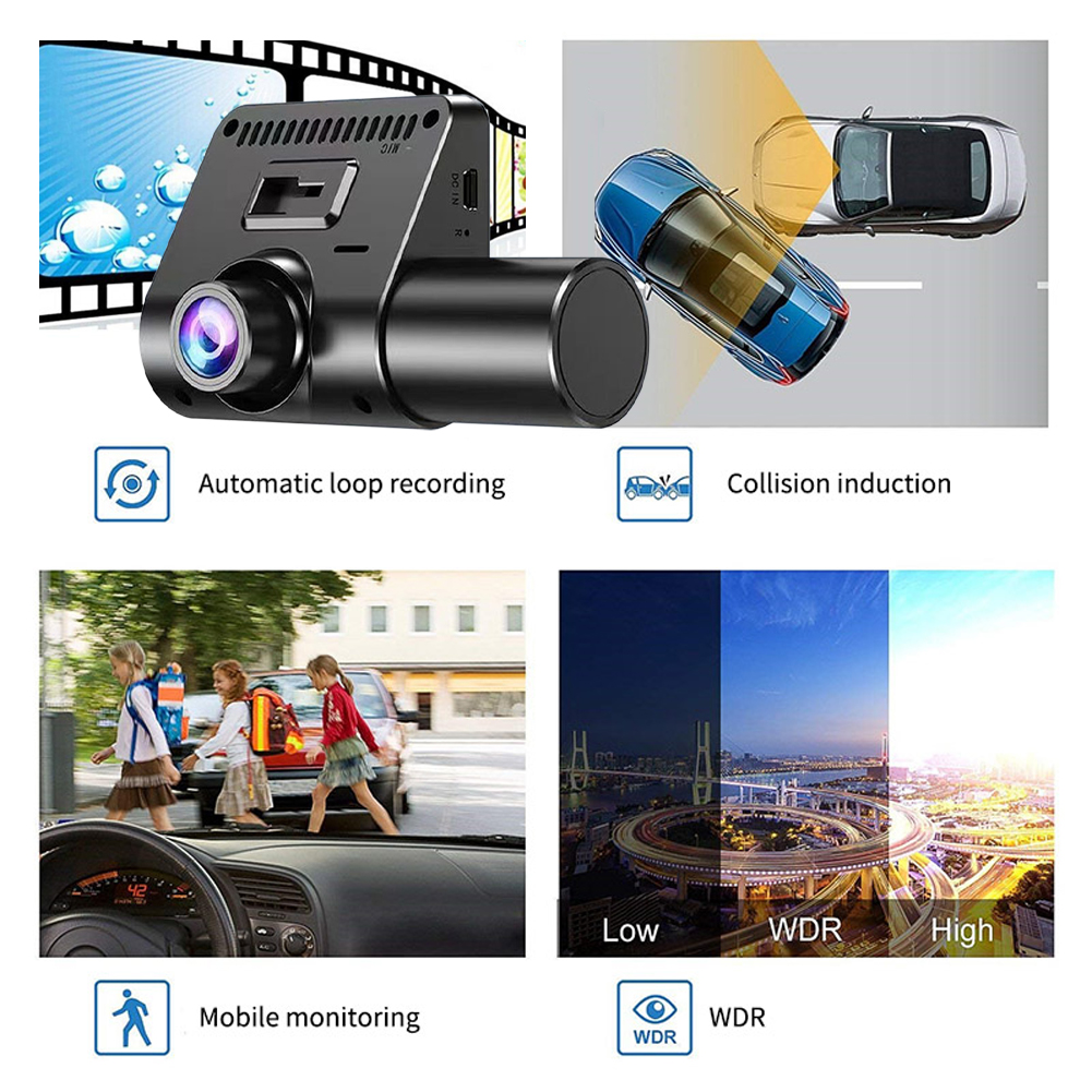 C50B 1080P 3-Channel Dash Cam Car DVR Infrared Night Vision 360° Rotatable Lens HD IPS Screen Reversing Parking Monitor