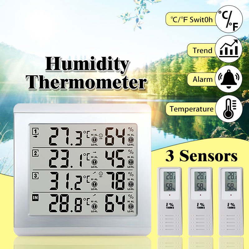 3 Sensors Wireless Digital Alarm Thermometer Indoor Outdoor Audible Indicator 73