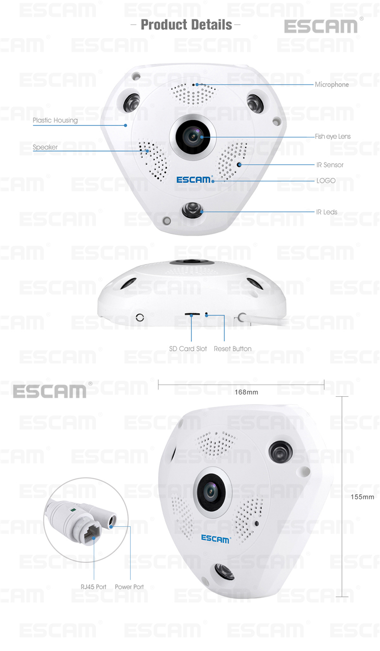 ESCAM Fisheye Camera Support VR QP180 Shark 960P IP WiFi Camera 1.3MP 360 Degree Panoramic Infrared Night Vision Camera 137