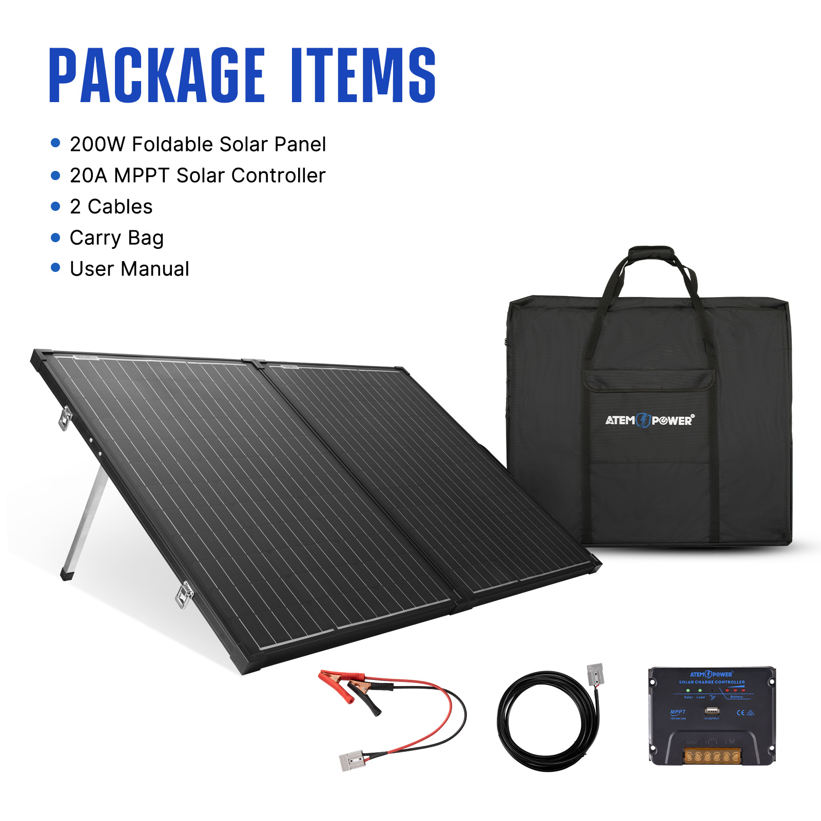[US Direct] ATEM POWER AP-FOLD-FLES 200W Monocrystalline Solar Panel  Without Glass Portable Solar Suitcase Equipped With 20A MPPT Controller For 12V Batteries RV Camping Power