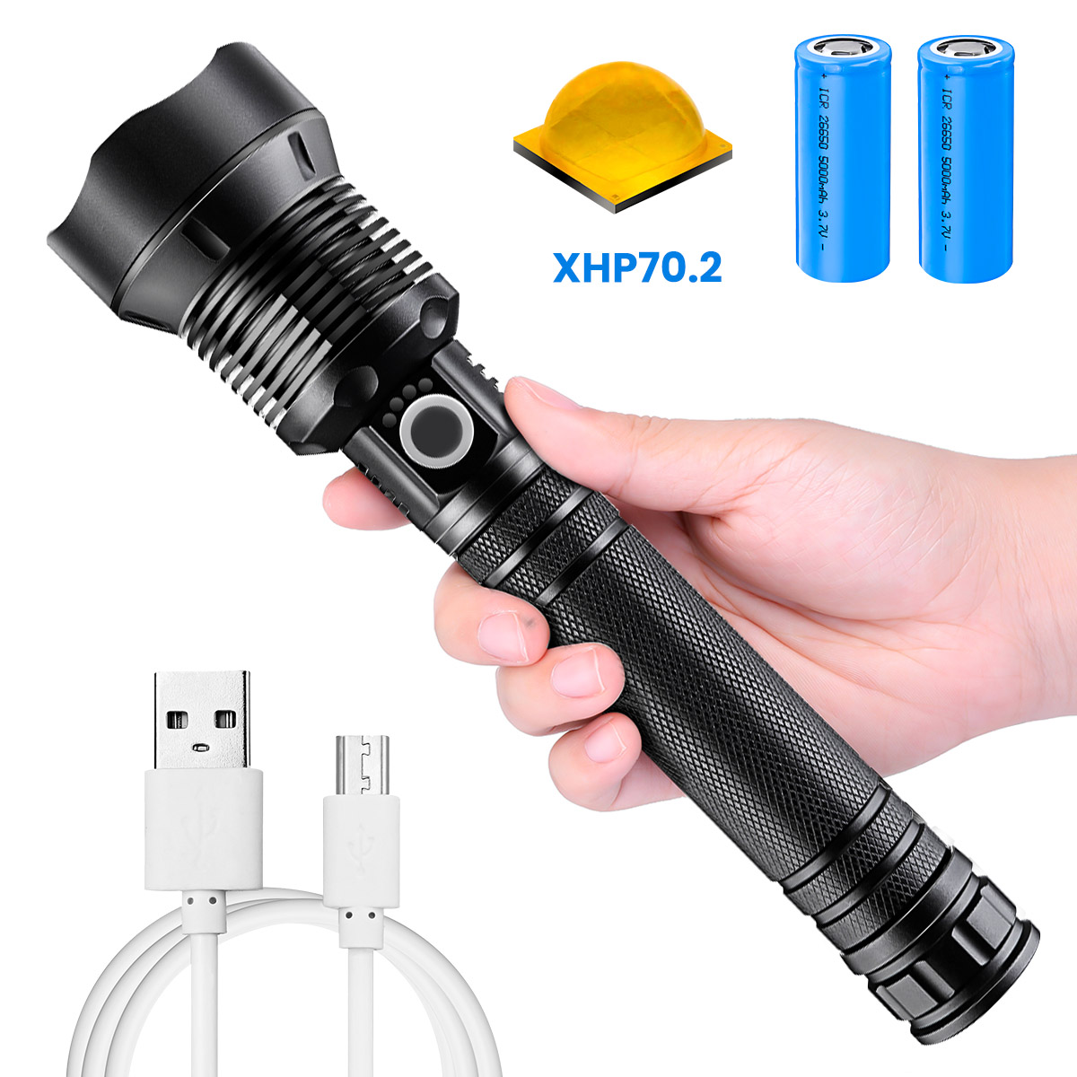 XHP70.2 900LM Zoomable LED Flashlight Kit with 2x 26650 Li-ion Battery USB Rechargeable Super Bright LED Searchlight For Cycling Fishing Hunting