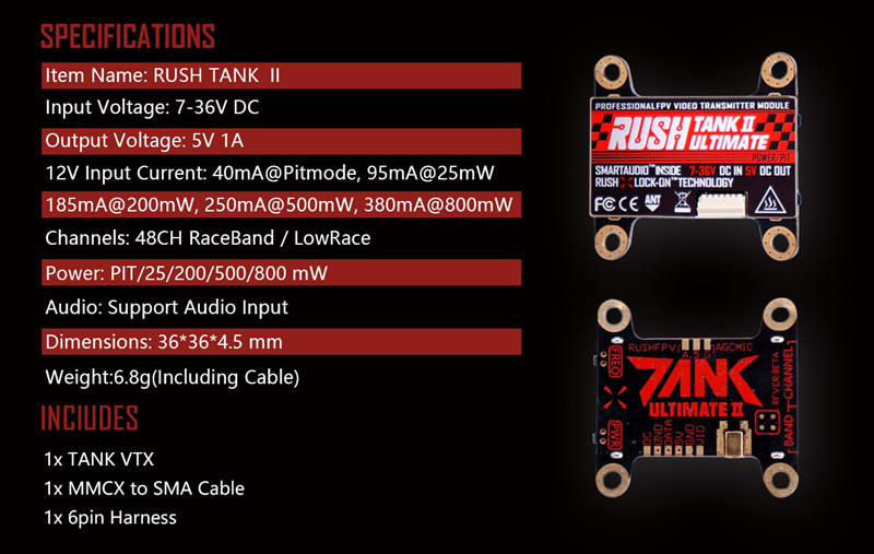 RUSH TANK II V2 Ultimate 5.8G 48CH Raceband PIT/25/200/500/800mW Switchable 2-8S VTX FPV Transmitter for RC FPV Racing Freestyle Nazgul5 Tyro129 - Photo: 5