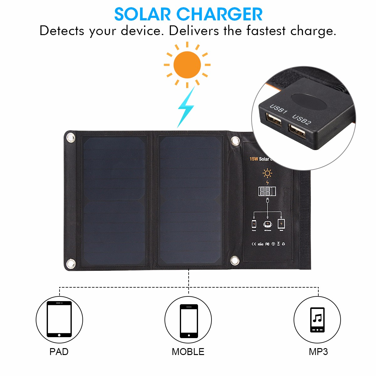 MOHOO 15w 2.5A 2 Port Solar Charger SLS-15 Comes with 2 Carabiner + Multifunctional Charging Cable