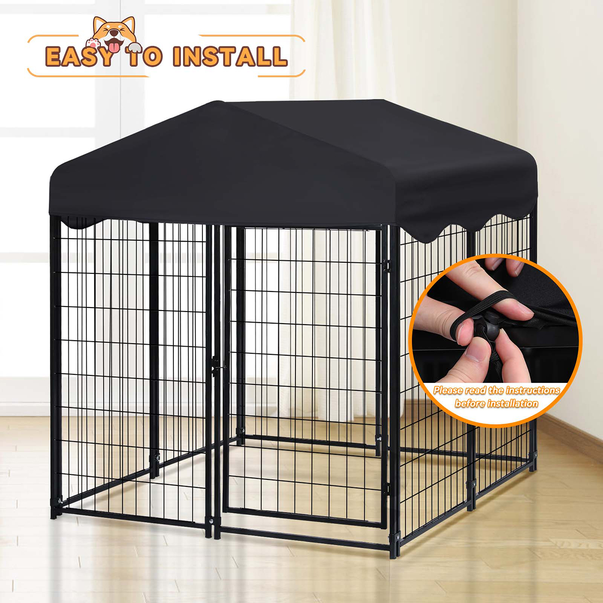 PawGiant Large Dog Kennel Outdoor Dog House with Roof 4ft x 4.2ft x 4.45ft Heavy Duty Metal for Large to Small Dog, Outside Dog Kennel Pet Crate Cage Playpen with UV-Proof Waterproof Cover
