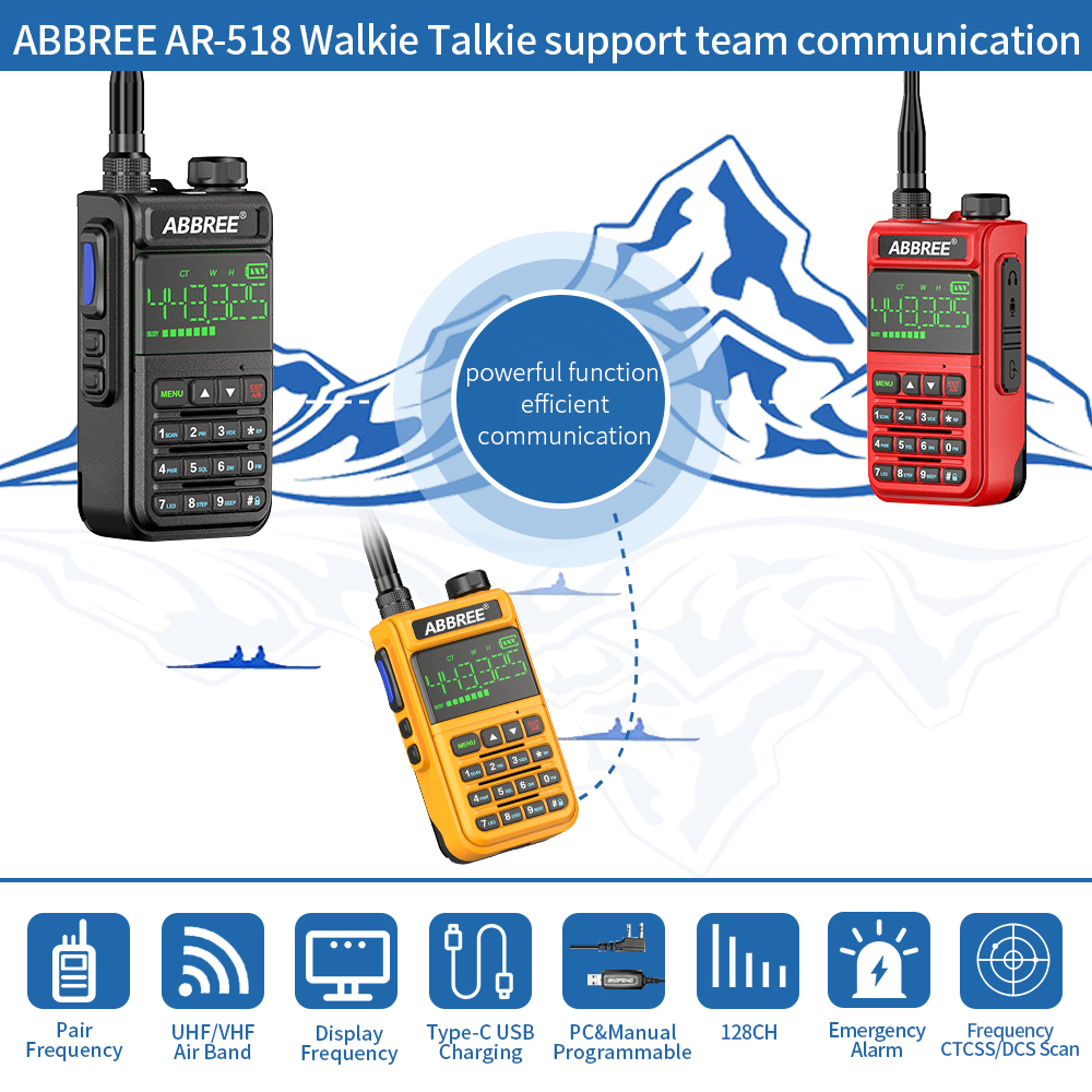 ABBREE AR-518 Full Bands Walkie Talkie 128 Channels LCD Color Screen Two Way Radio Air Band DTMF SOS Emergency Function
