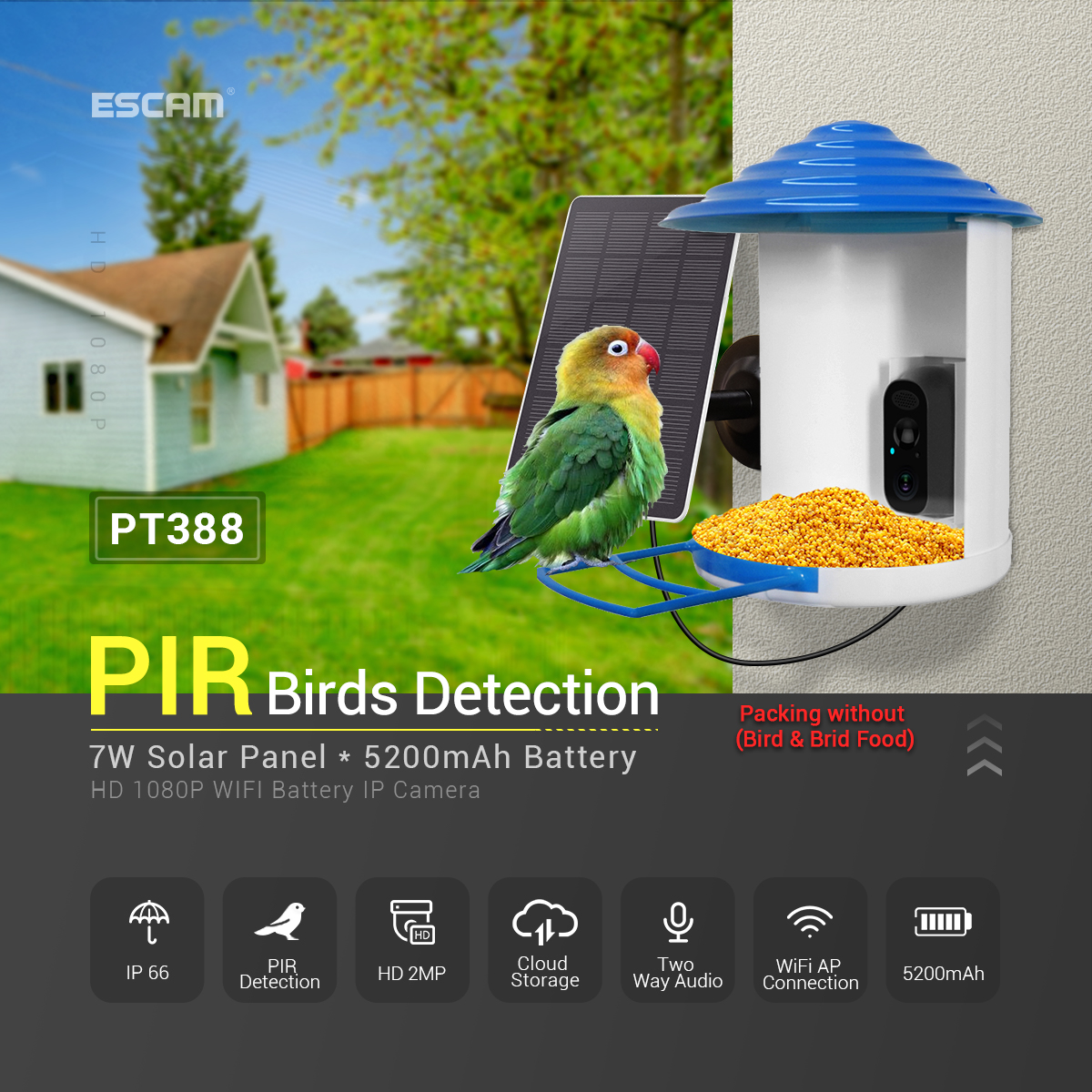 ESCAM PT388 2MP WiFi Security Camera with Solar Panels Wireless PIR Birds Detection Night Vision Two-way Audio AP Connection 5200mAh IP66 Waterproof Home IP Cameras with Bird Feeder House
