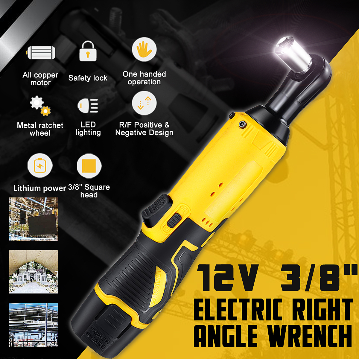 12V 45N.m Ratchet Wrench Electric Rechargeable Ratchet 90° Right Angle Wrench Powerful Tool