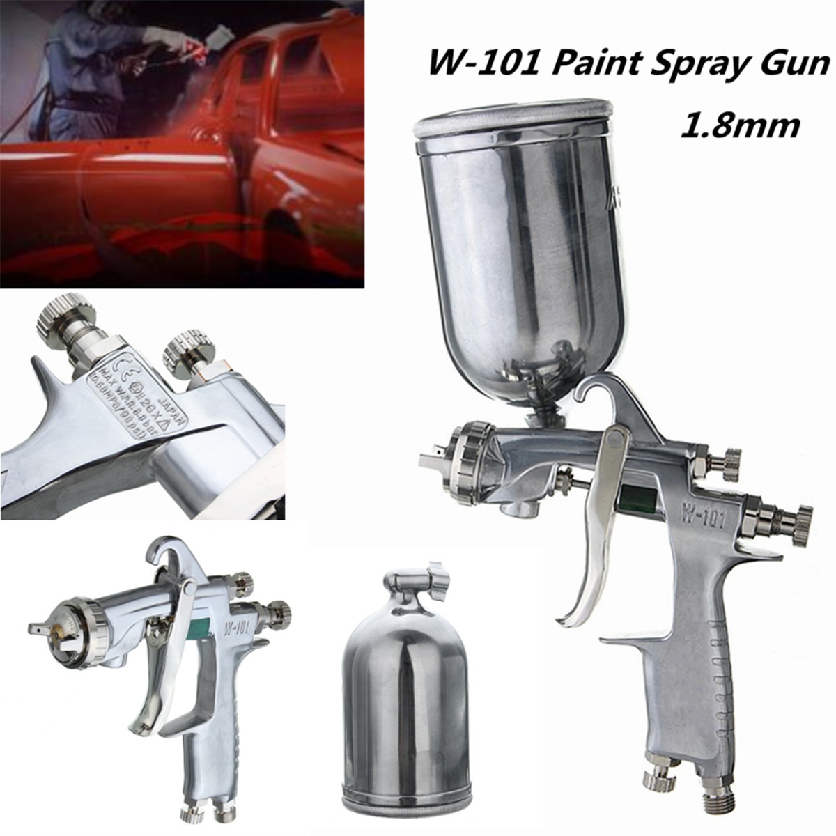

W101 HVLP 1.8mm Tip Paint Spray Gun Gravity Feed Base Coat Sprayer with Cup Filter