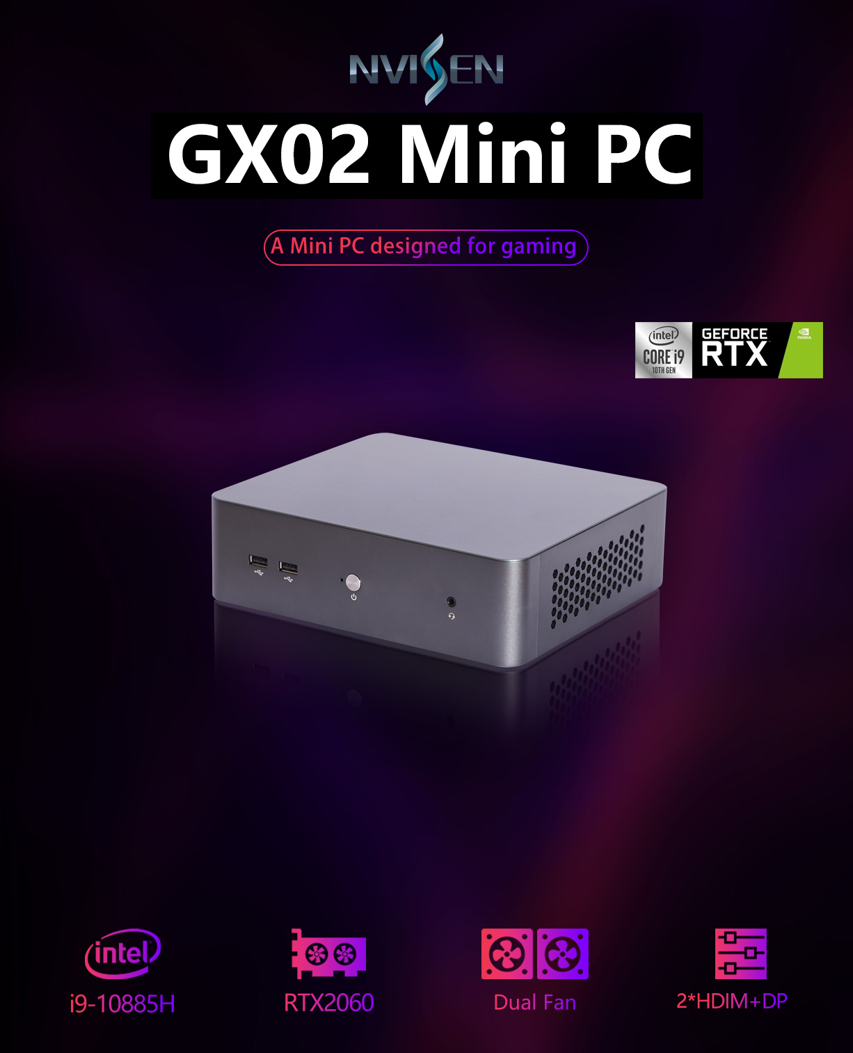 NVISEN GX02 Intel Core I9-10885H NVIDIA RTX2060 16GB+512GB SSD Mini PC Octa Core 2.4 GHz to 5.3 GHz Gaming PC DDR4*2 Slot M.2 2280 SSD 2.5inch SATA HDMI DP Type C Desktop PC Mini Computer