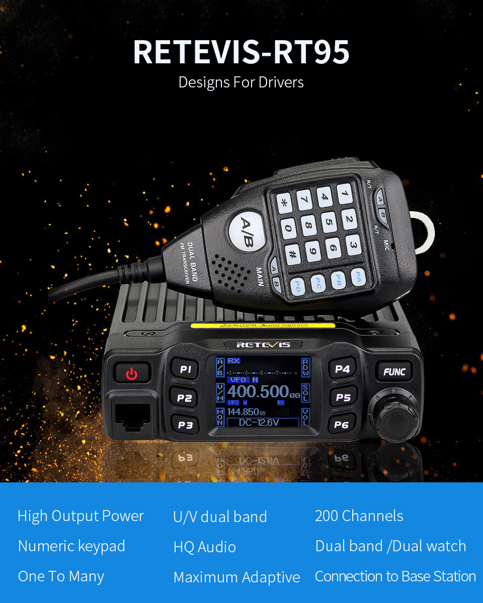 RETEVIS RT95 Car Two-Way Radio Station 200CH 25W High Power VHF UHF Mobile Radio Car Radio CHIRP Ham Mobile Radio Transceiver