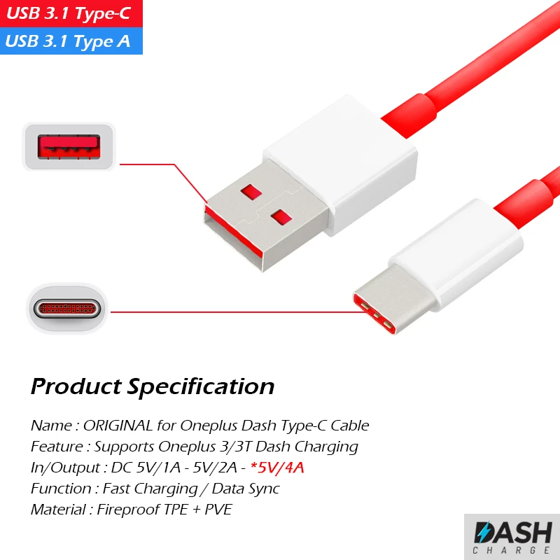 Original Oneplus 5 Dash Fast Charger Adapter Type-C Charging Cable 1M for OnePlus 5