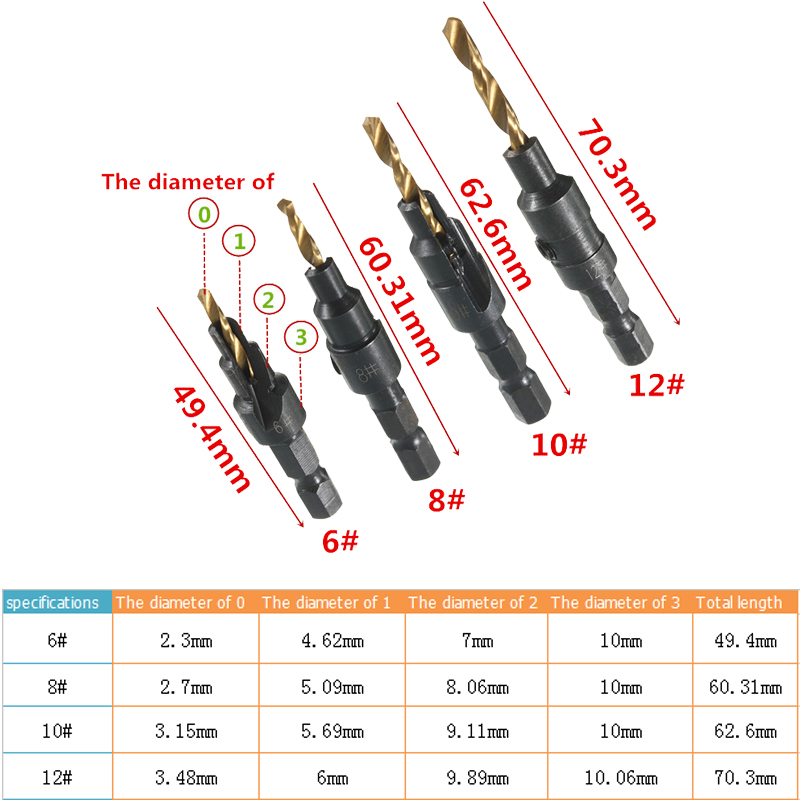 4pcs HSS Countersink Drill Bit Set #6 #8 #10 #12 Woodworking Counter Bore Screw Tool