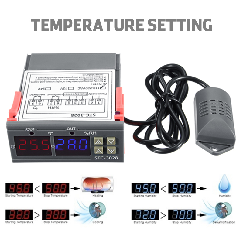 110-220V STC-3028 Dispaly Temperature Humidity Thermostat Controller Temperature Humidity Control Thermometer Hygrometer Controller 