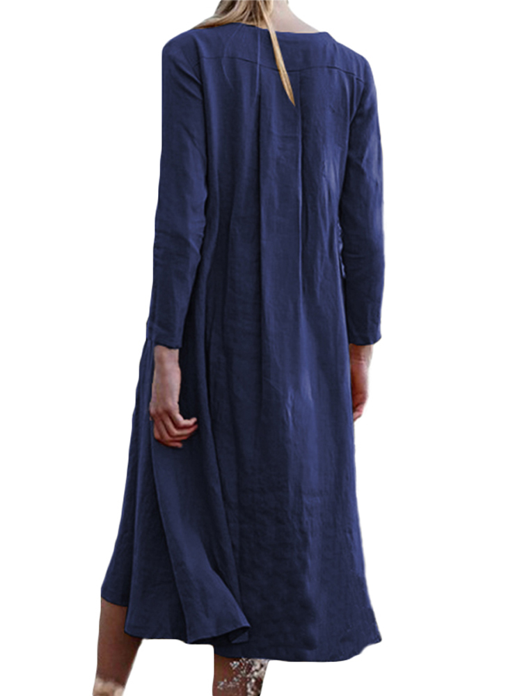 Women Long Sleeve V-neck Solid Color Swing Pocket Dress